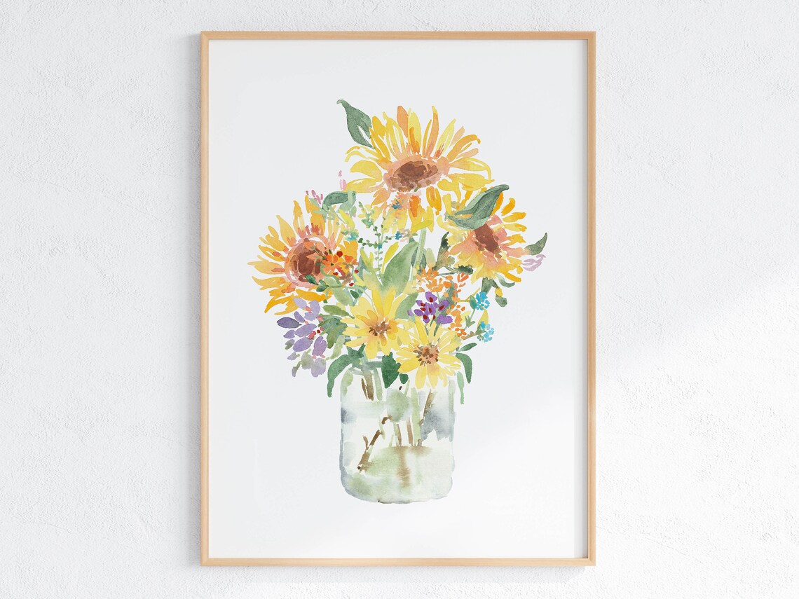 Sunflower Bouquet Watercolor Floral Vase Art Print