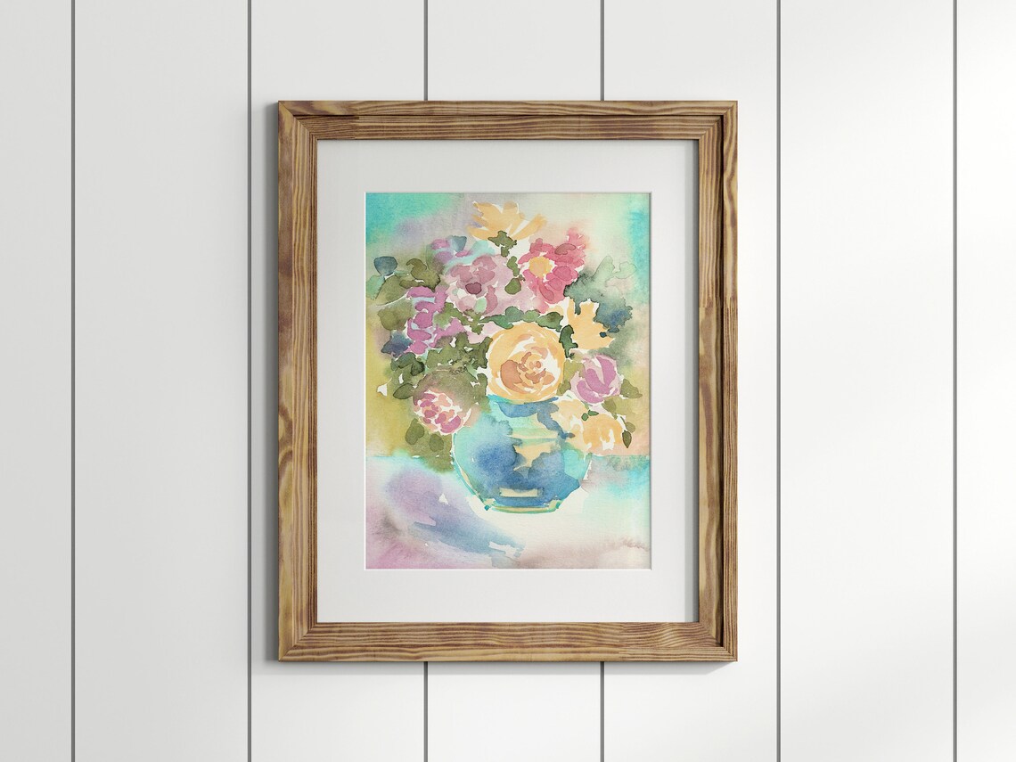 Colorful Floral Bouquet In Blue Vase Watercolor Still Life Art Poster