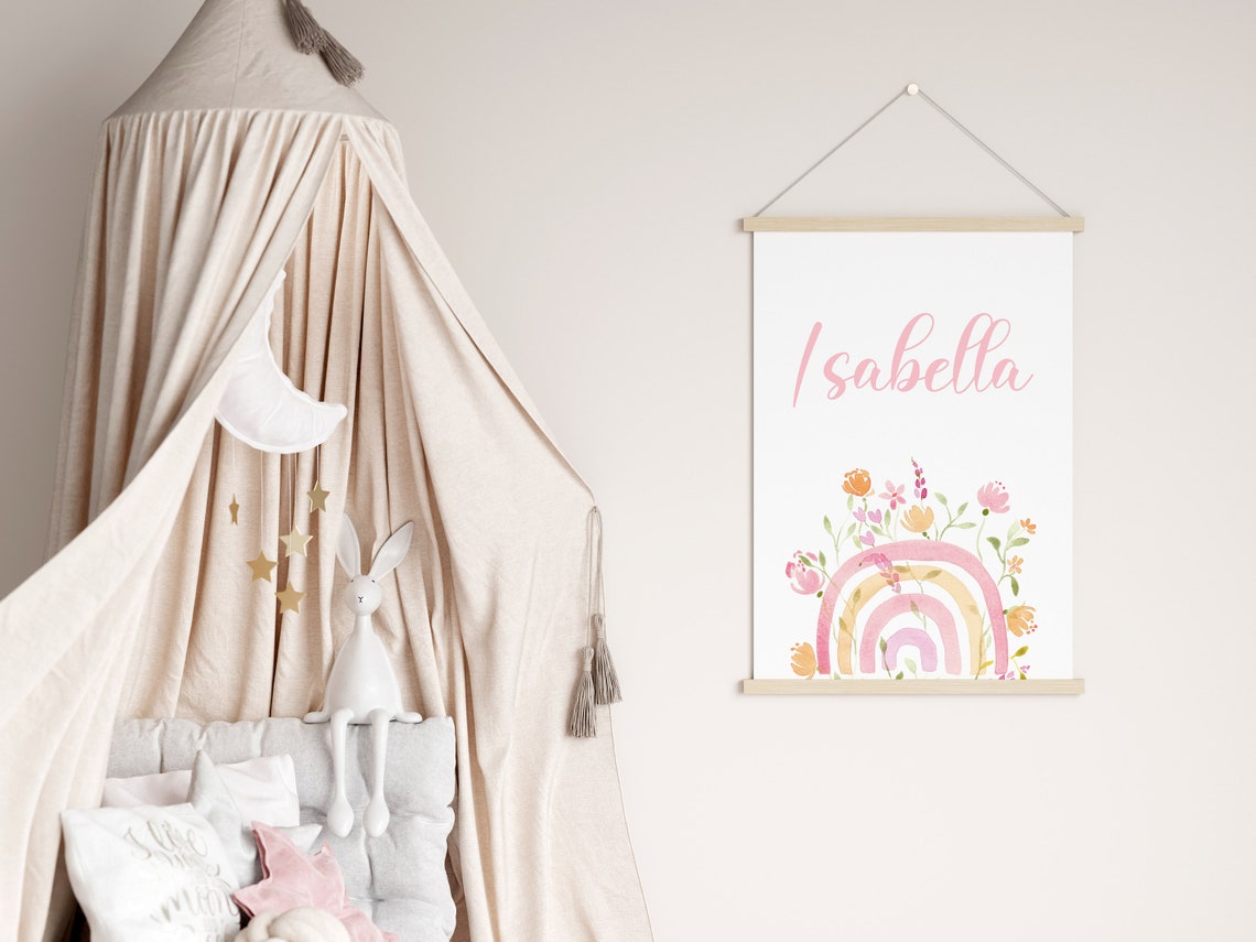 Personalized Boho Rainbow Name Nursery Watercolor Floral Poster - Image 3