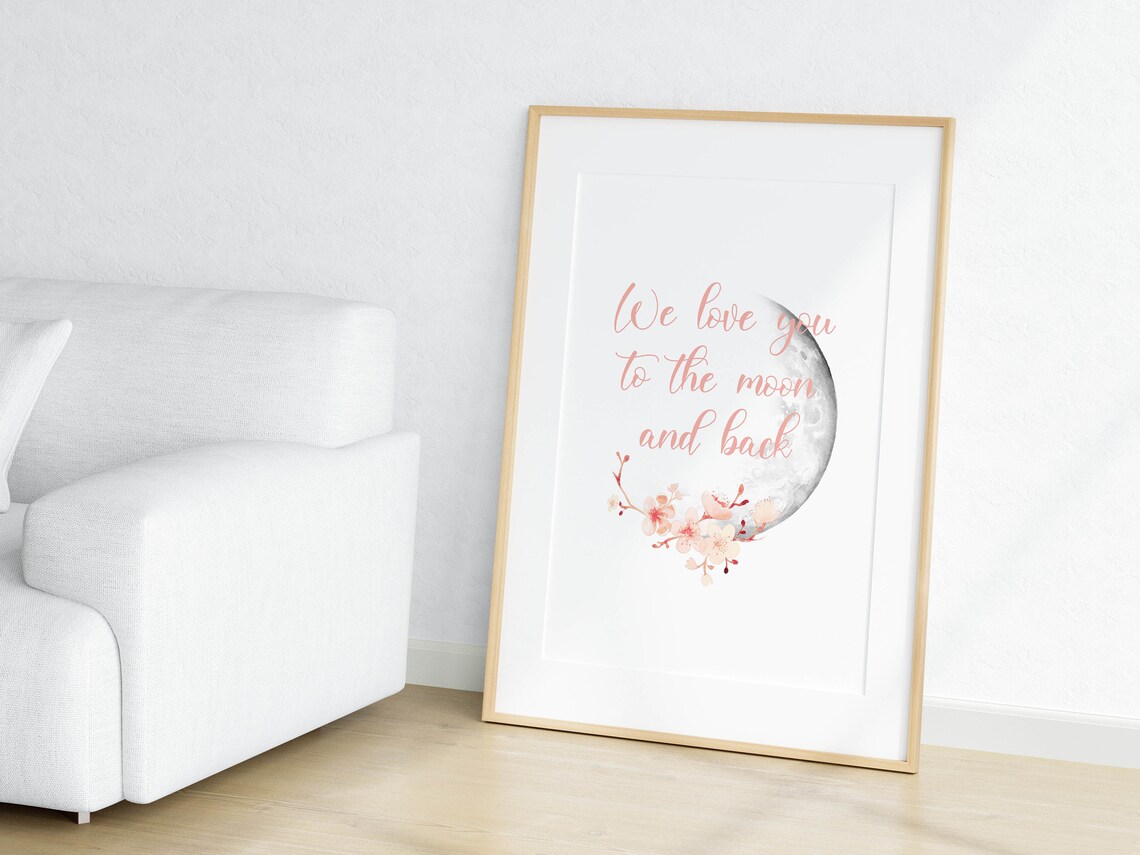 We Love You To The Moon And Back Poster Blush Pink Cherry Blossom Art - Image 3