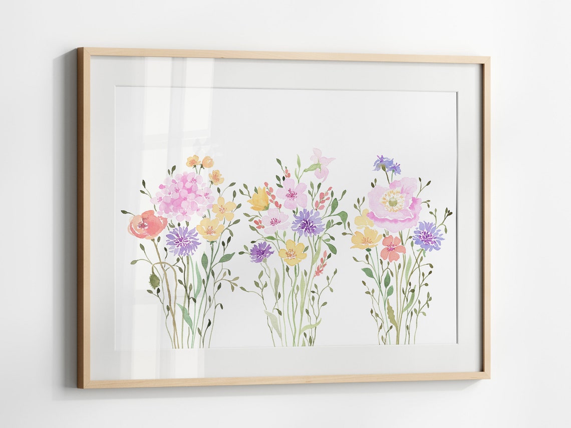 Pastel Wildflower Watercolor Trio Horizontal Botanical Wall Art