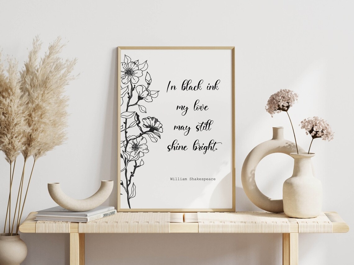 Classic Shakespeare In Black Ink Love Quote Floral Line Art Poster - Image 3