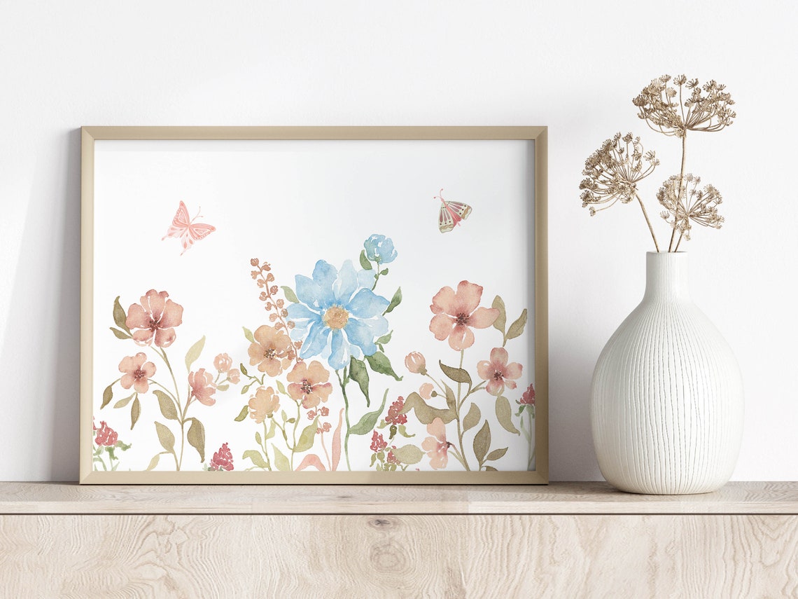 Horizontal Boho Wildflower Watercolor With Butterflies Wall Art - Image 2