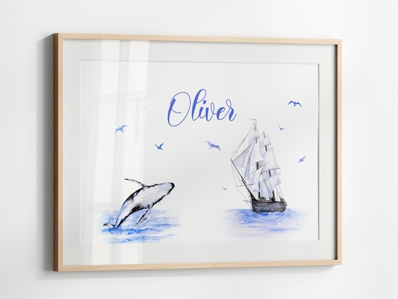 Oliver Personalized Sailboat Humpback Whale Nautical Nursery Poster