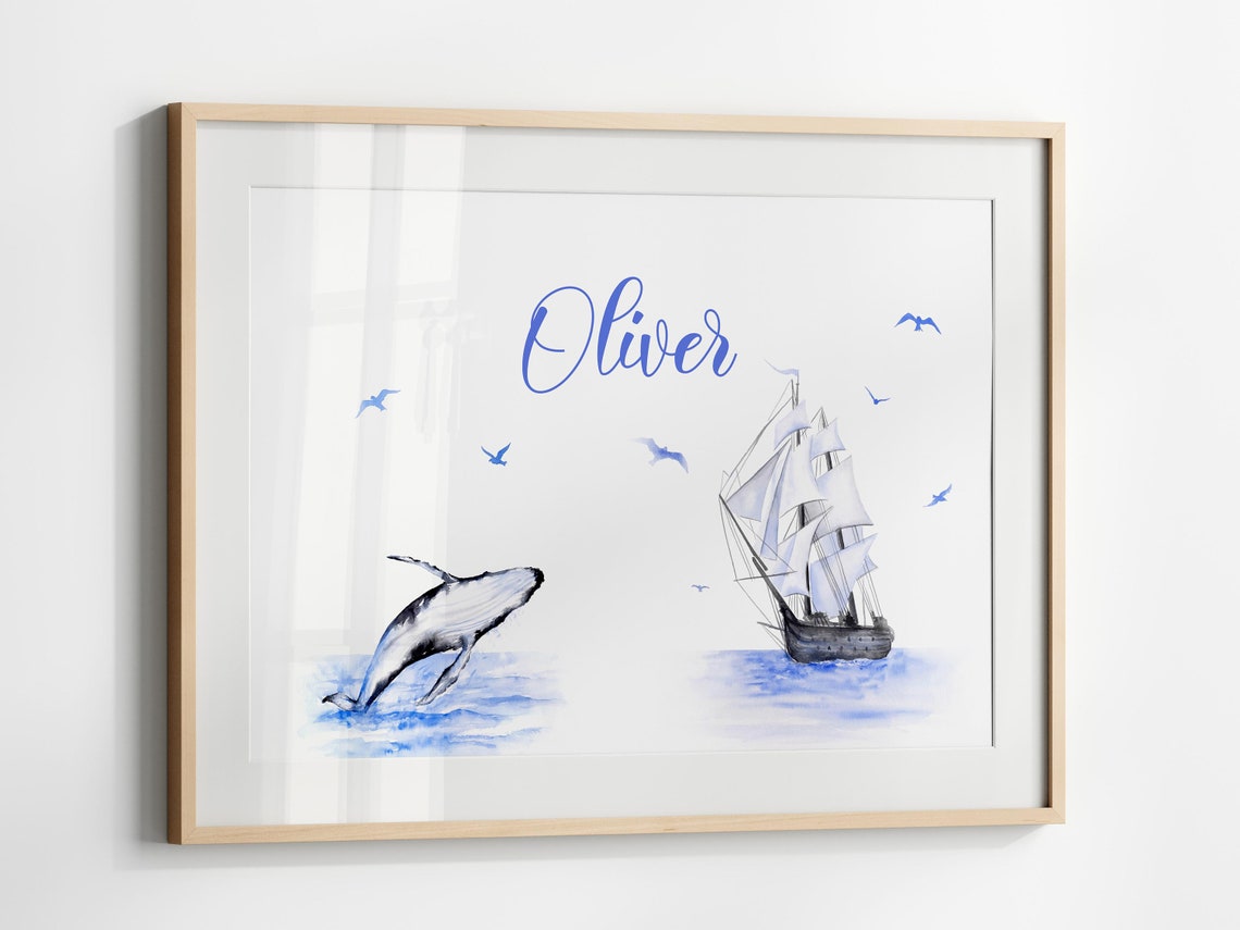 Oliver Personalized Sailboat Humpback Whale Nautical Nursery Poster