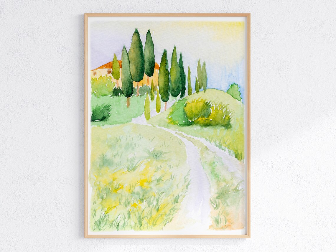Tuscany Italy Watercolor Cypress Trees Along a Country Lane Poster - Image 2