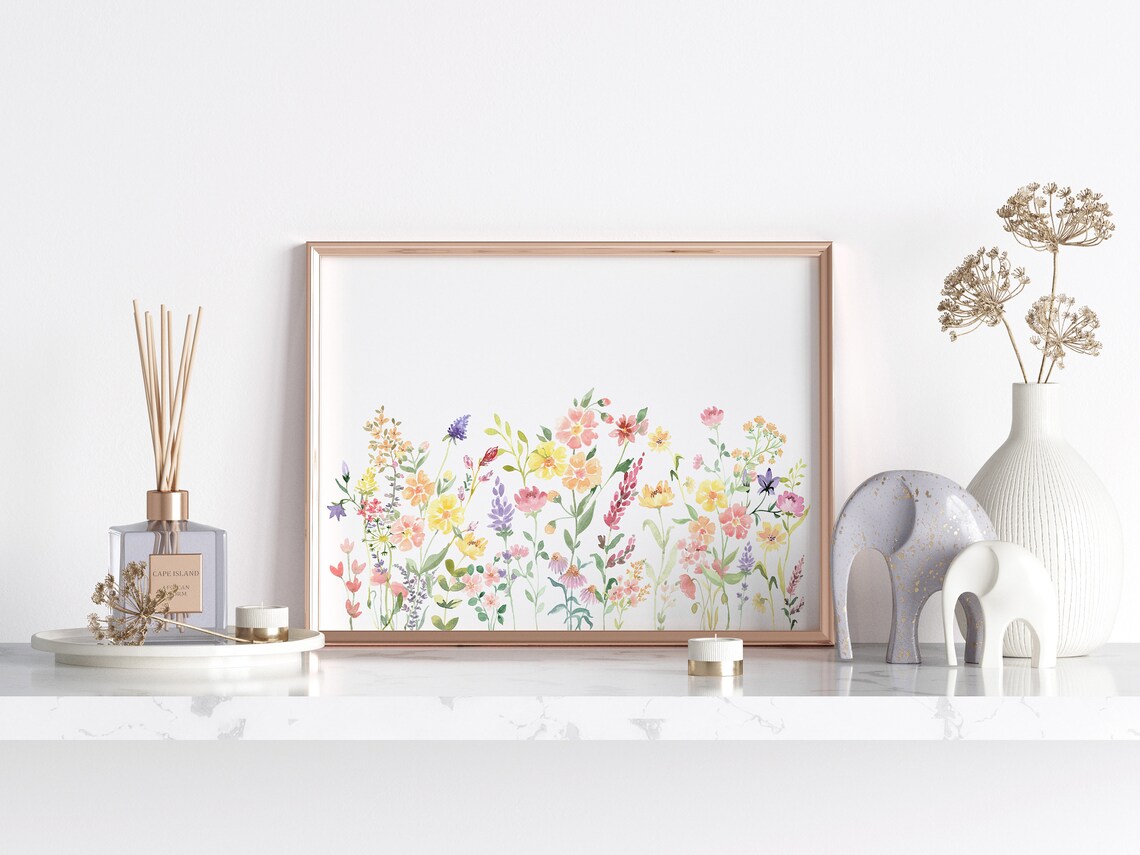 Horizontal Wildflower Meadow Watercolor Pastel Floral Art Print - Image 2
