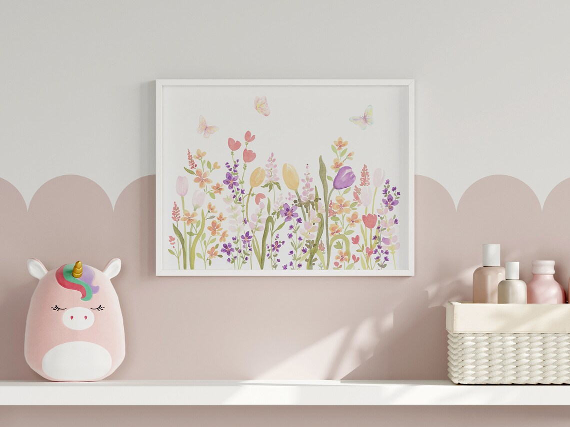 Pastel Wildflowers With Butterflies Watercolor Floral Art Print - Image 2