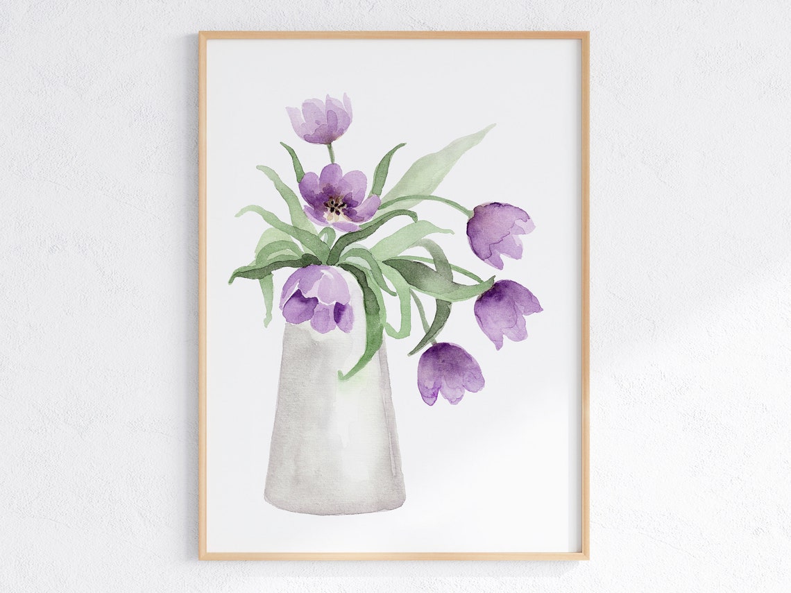 Purple Tulips White Vase Watercolor Floral Minimalist Poster