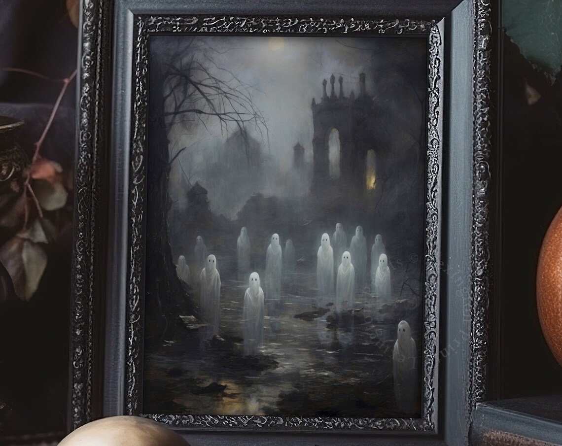 Ghost Gathering in Misty Ruined Graveyard Haunting Halloween Poster