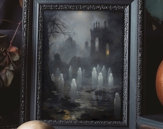 Ghost Gathering in Misty Ruined Graveyard Haunting Halloween Poster