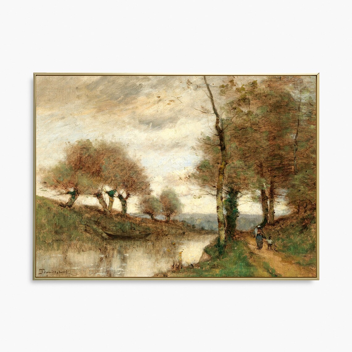 Vintage Oil Painting Autumn Riverbank Pollarded Trees Boat Art Poster