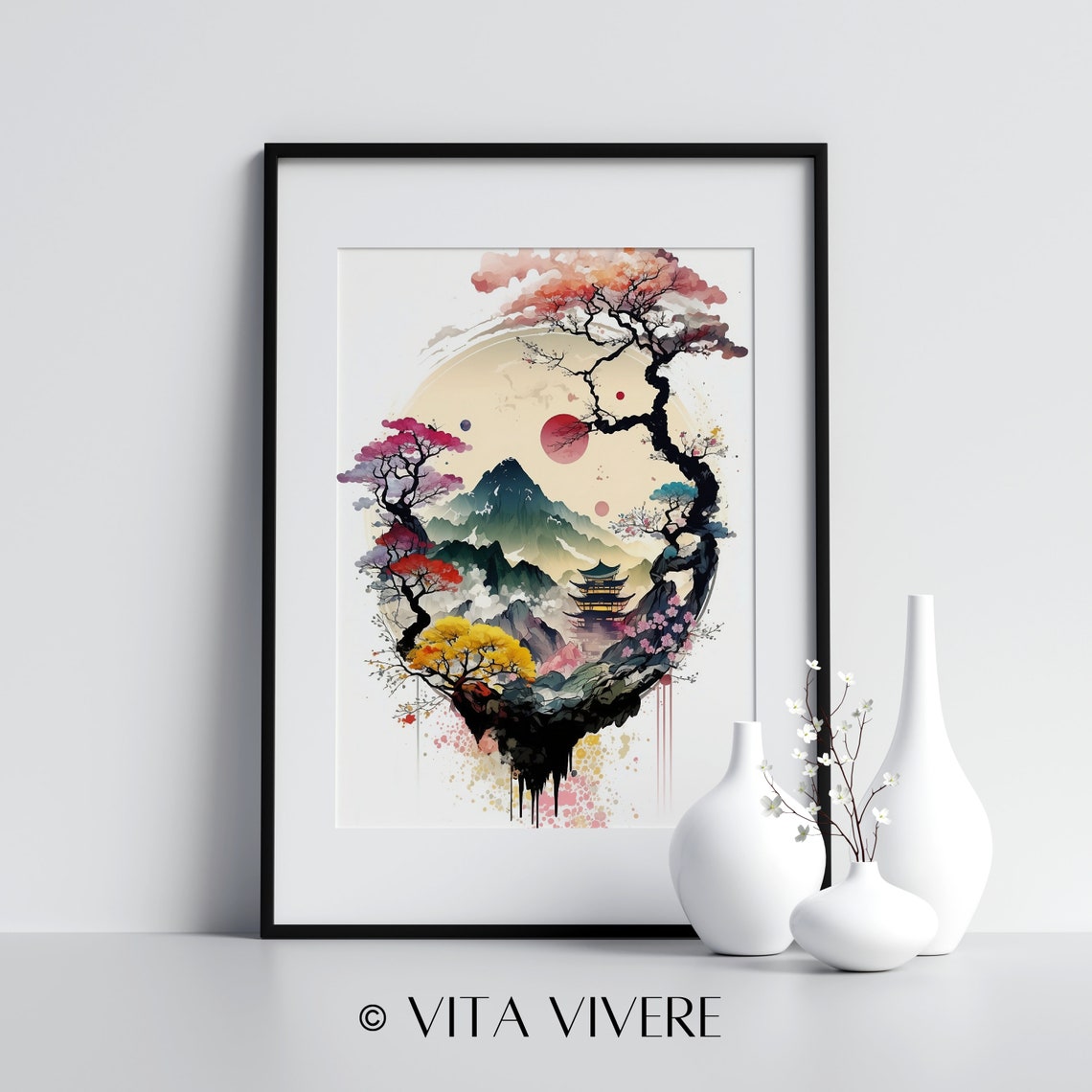 Oriental Pagoda Cherry Blossom Mountain Watercolor Sunrise Wall Art - Image 4