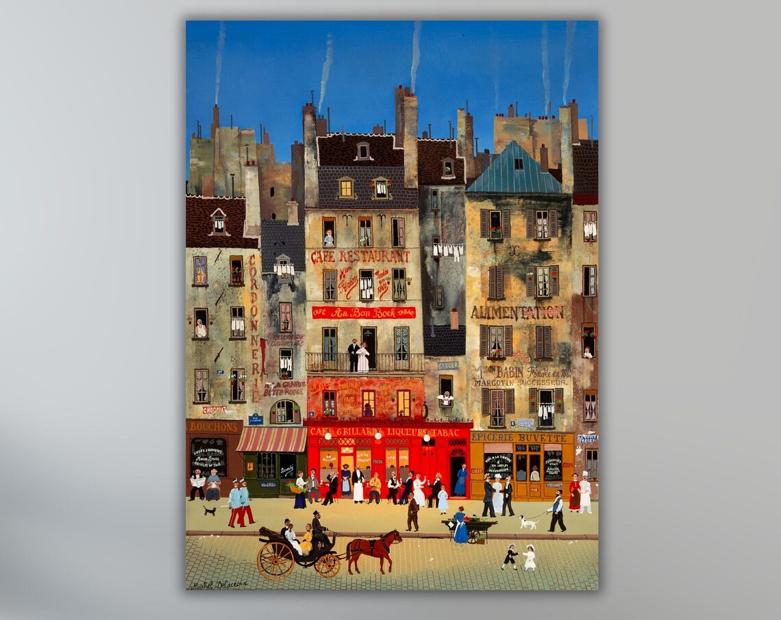 Naive Paris Street Cafe Scene Horse Carriage Folk Art Poster