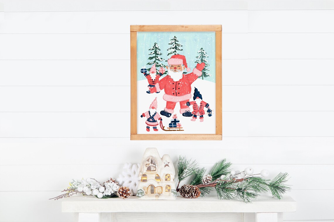 Santa and Gnomes Christmas Holiday Art Print - Image 4