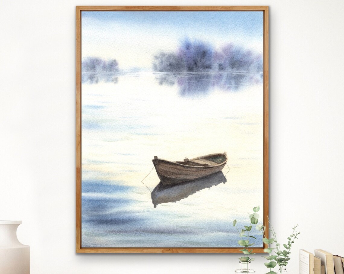 Row Boat Lake Minimalist Art Print, Calm Landscape