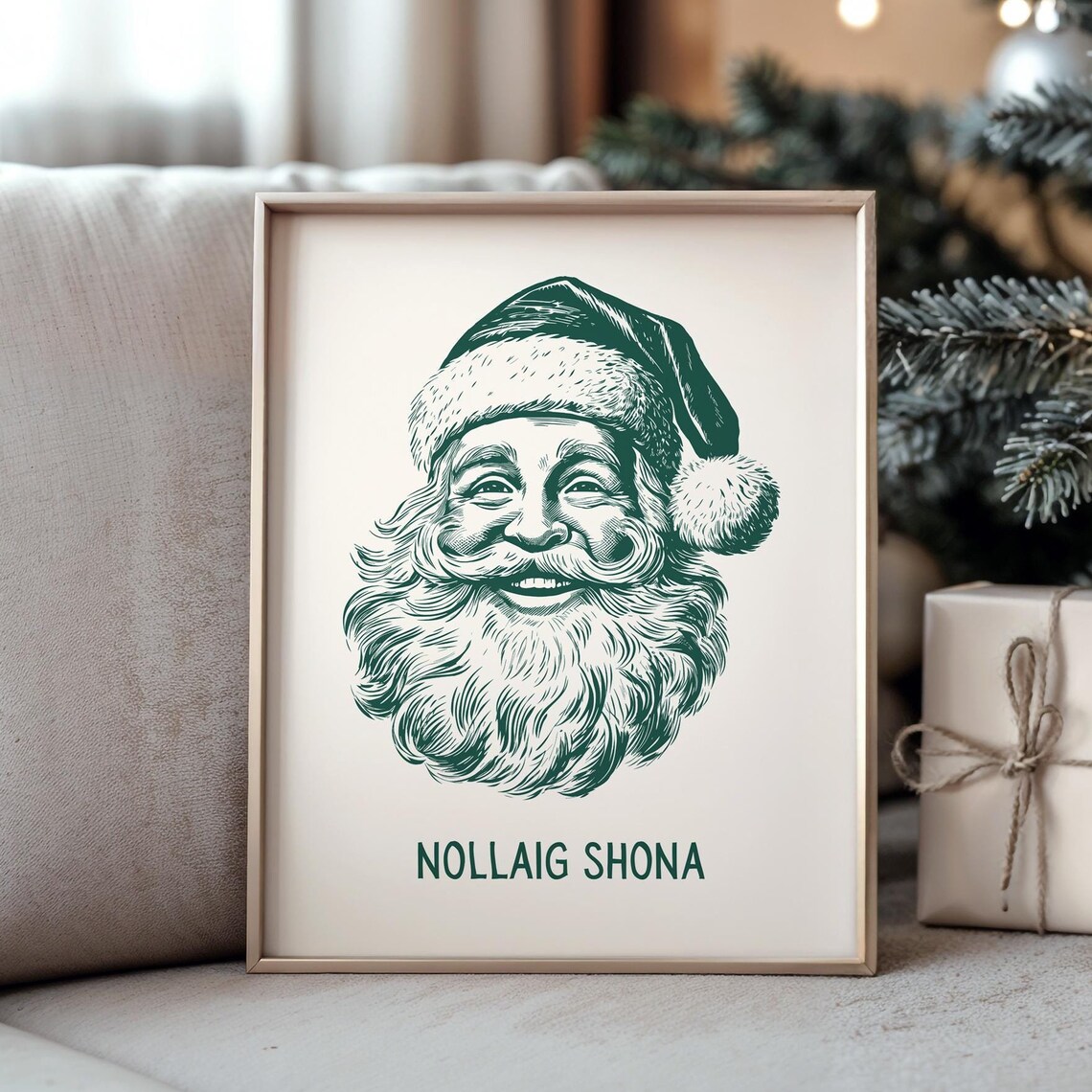 Nollaig Shona Green Vintage Santa Face Irish Christmas Engraving Poster