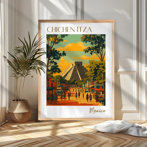 Chichen Itza Pyramid Mexico Market Street Vintage Travel Poster
