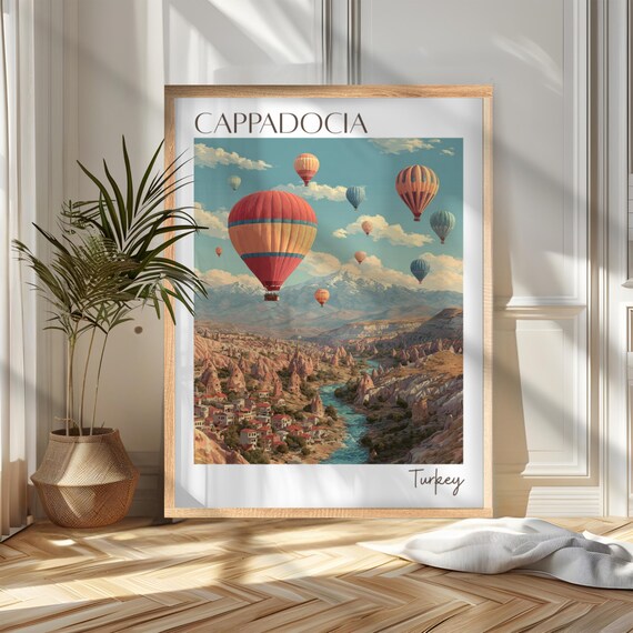 Cappadocia Turkey Hot Air Balloons Fairy Chimneys Vintage Travel Poster