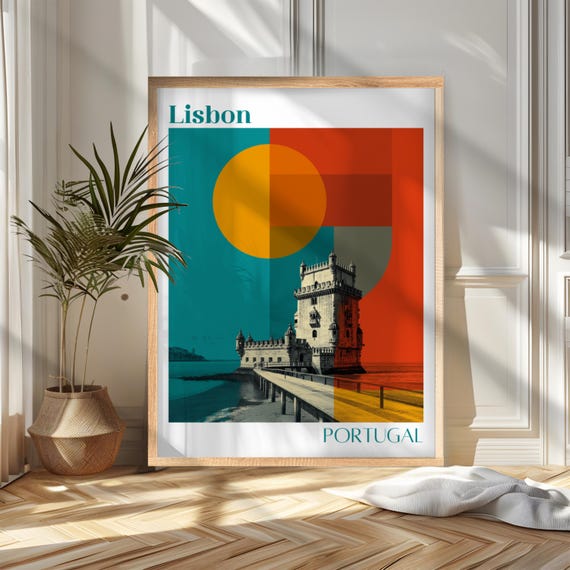 Lisbon Portugal Belem Tower Bold Geometric Retro Travel Poster