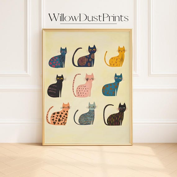 Colorful Cat Wall Art Mid Century Modern Retro Cats Illustration Whimsical Playful Home Dcor Unique Gifts For Pet Lovers