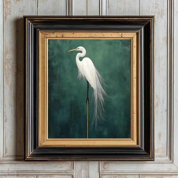 Vintage Bird Printwhite Heron Illustrationgraceful Egret Art Printdigital For Home Or Office Japanese Crane Painting Antique