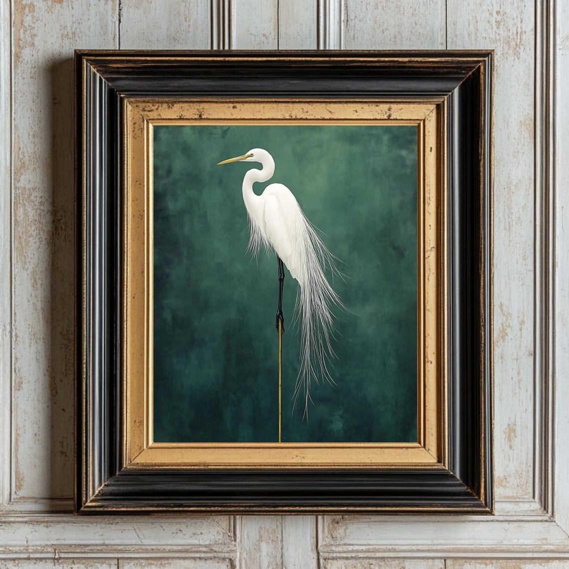 White Egret Standing One Leg Dark Teal Vintage Bird Art Poster