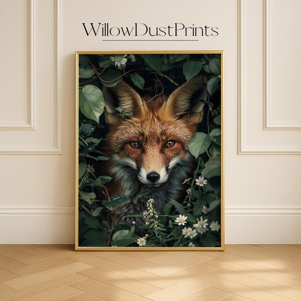 Red Fox Peeking Through Forest Leaves Daisies Wildlife Painting Poster