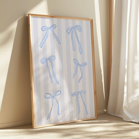 Blue Striped Coquette Bow Pattern Minimalist Girls Room Art Print