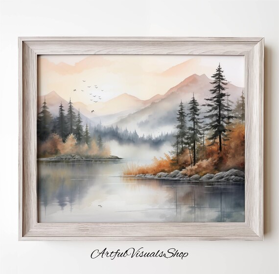 Foggy Autumn Mountain Lake Watercolor Forest Landscape Poster
