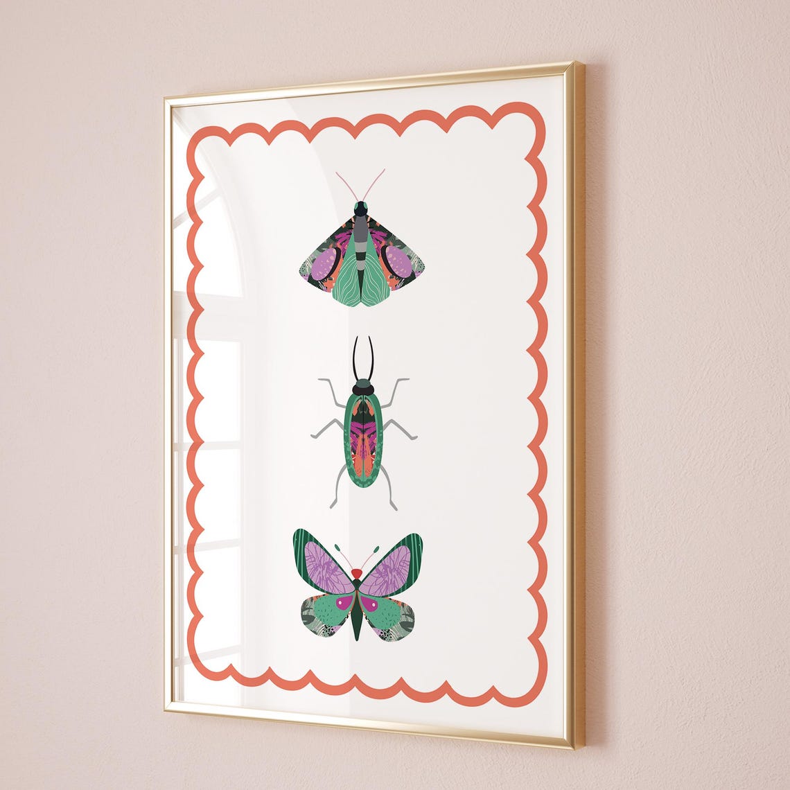 Colorful Bug Trio Moth Beetle Butterfly Coral Scalloped Border Poster