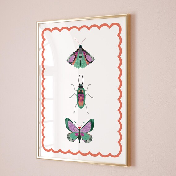 Colorful Bug Trio Moth Beetle Butterfly Coral Scalloped Border Poster