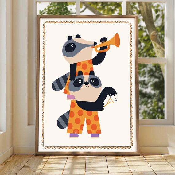 Musicians Raccoons Wall Art Cute Animal Nursery Print Kids Room Toddler Playroom Decor Baby Shower Gift