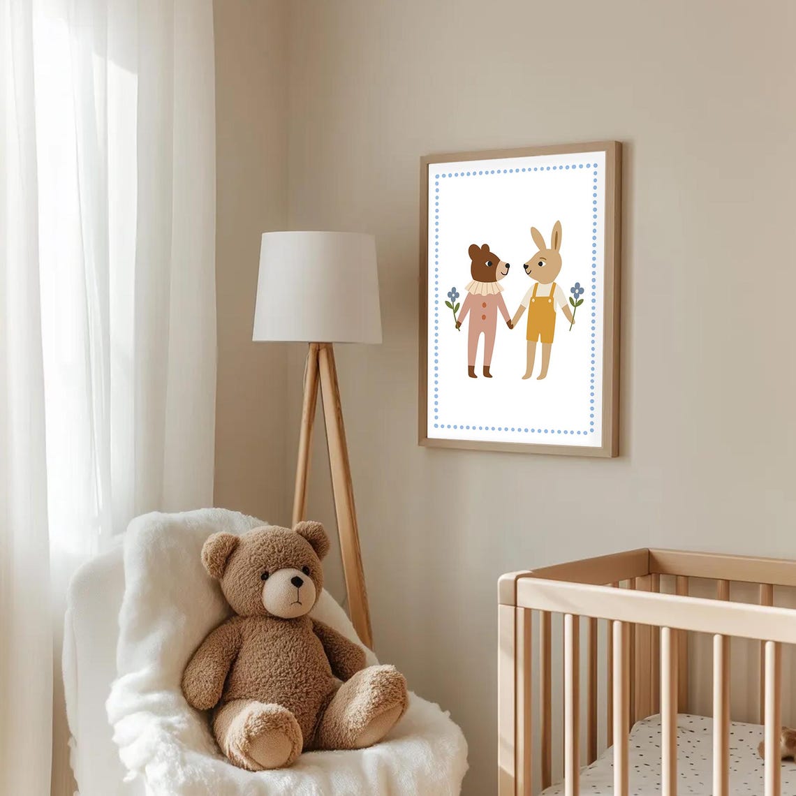 Bear and Bunny Flower Friends Cute Nursery Illustration Decor Poster