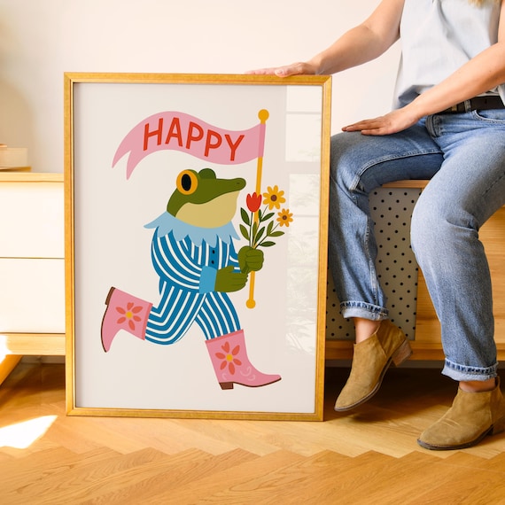 Happy Frog With Flag Cute Nursery Poster for Kids Room Decor