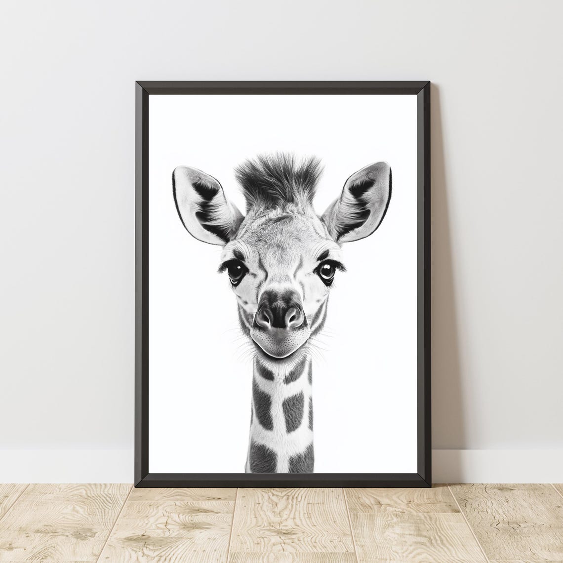 Baby Giraffe Portrait in Black and White Nursery Sketch Poster - Image 2