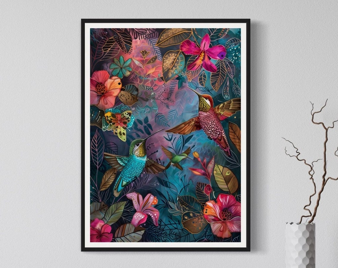 Hummingbird Pair Exotic Dark Jungle Floral Teal Wildlife Poster