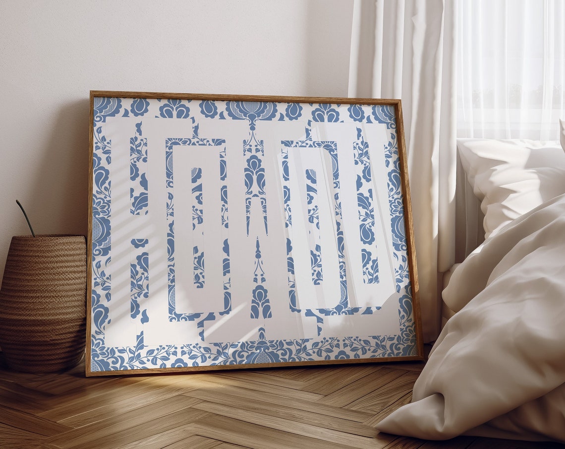 Howdy White Typography on Delft Blue Floral Porcelain Poster