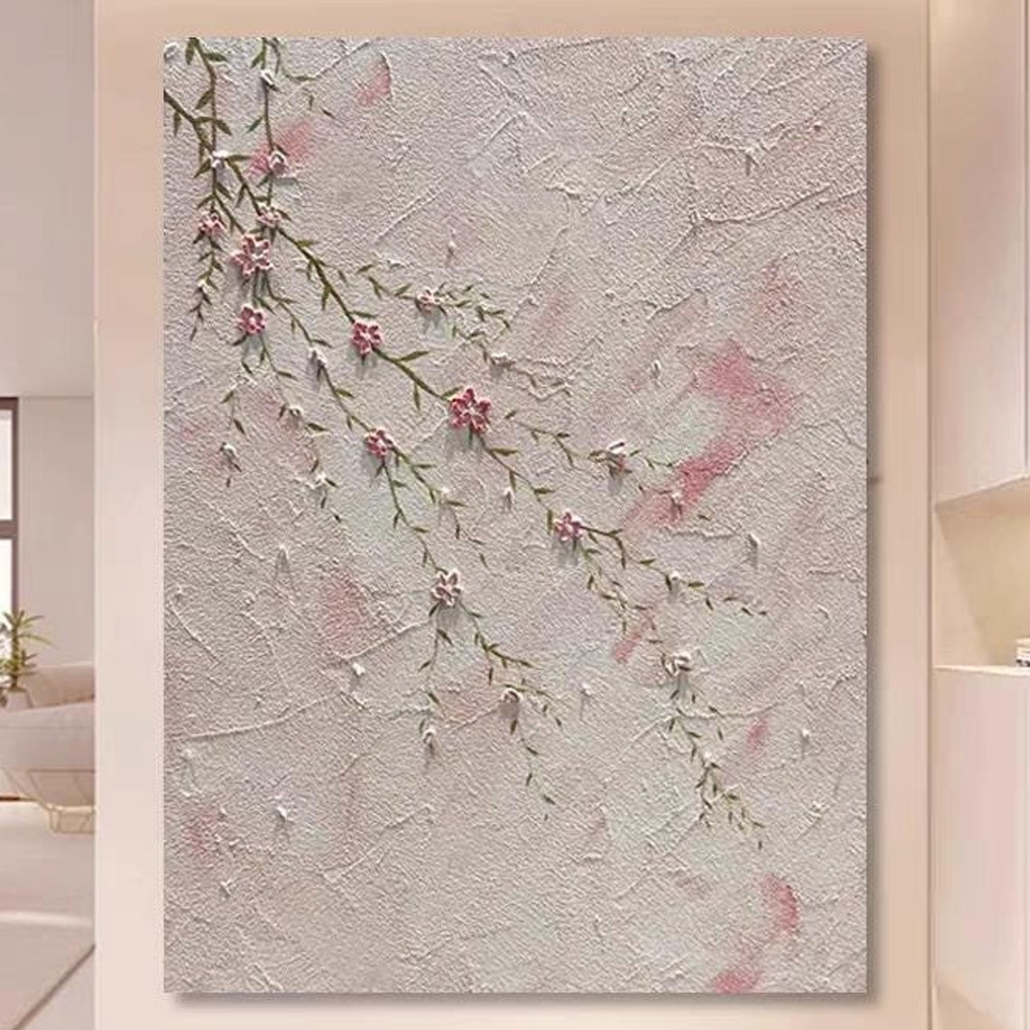 Pink Cherry Blossom Branch on White Plaster Texture Art Poster
