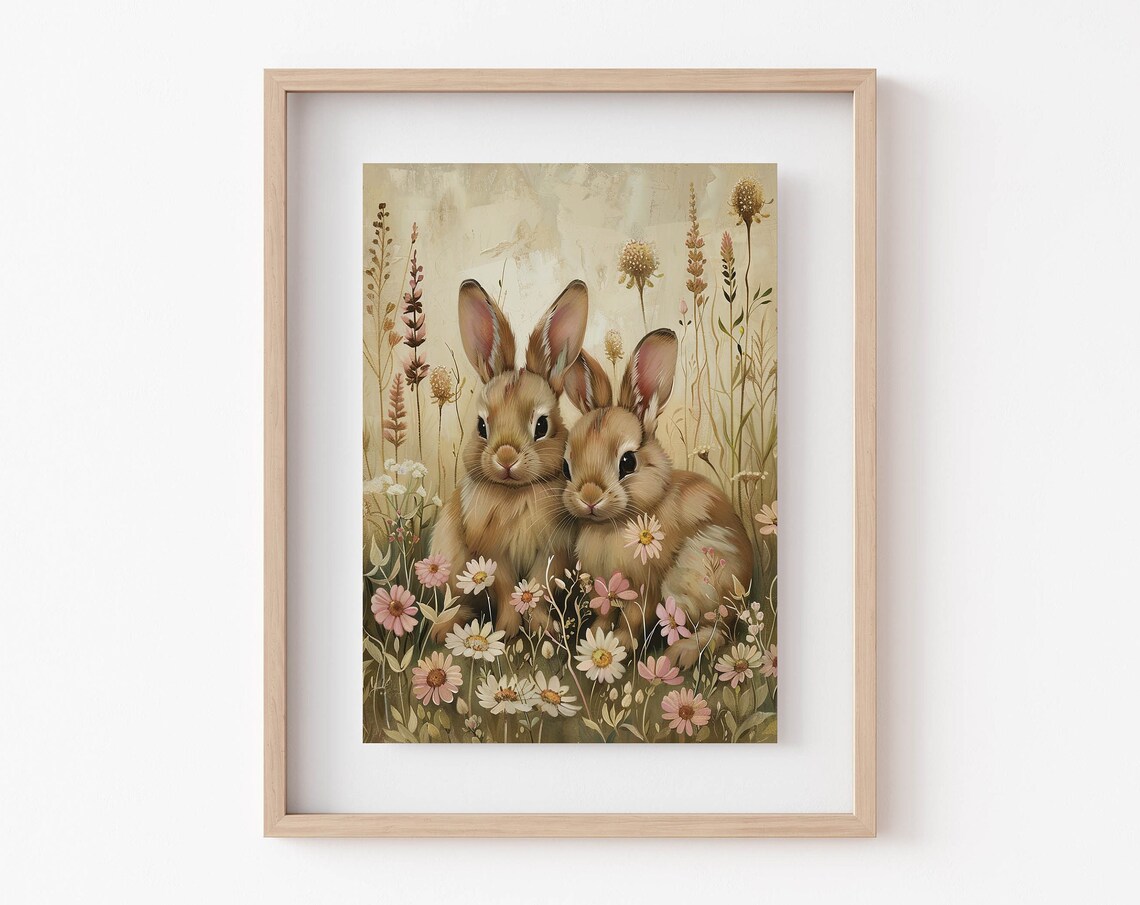 Vintage Style Bunnies Wildflower Meadow Painting Easter Poster