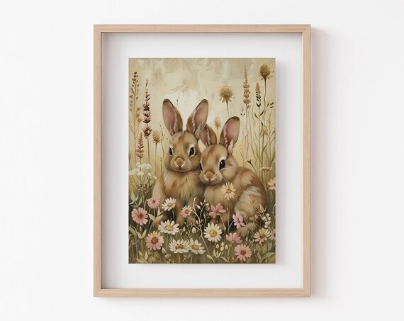 Vintage Style Bunnies Wildflower Meadow Painting Easter Poster