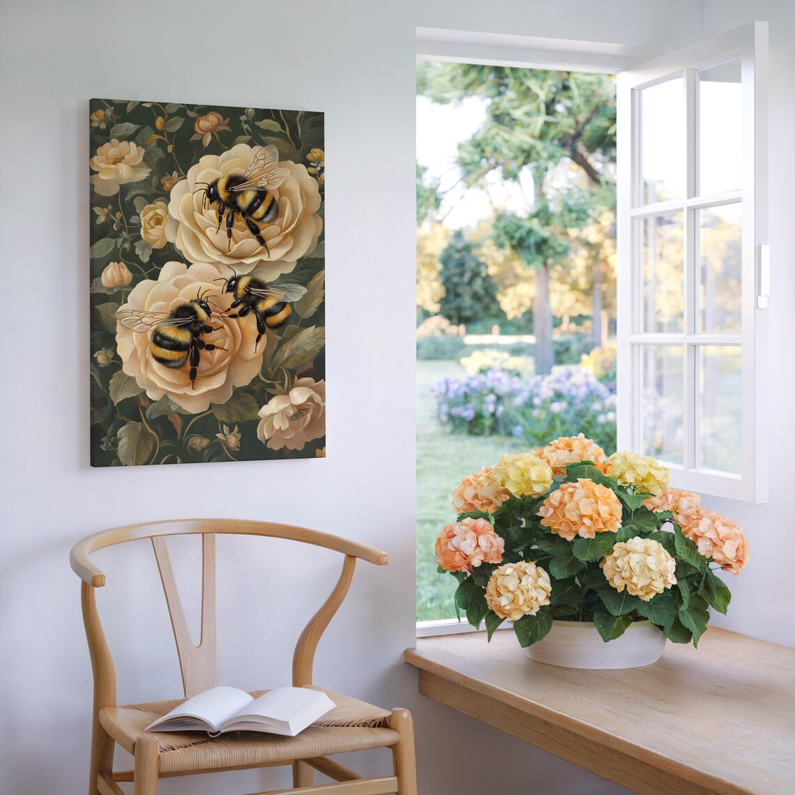 Bumblebees on Cream Roses Vintage Botanical Garden Nature Poster - Image 6