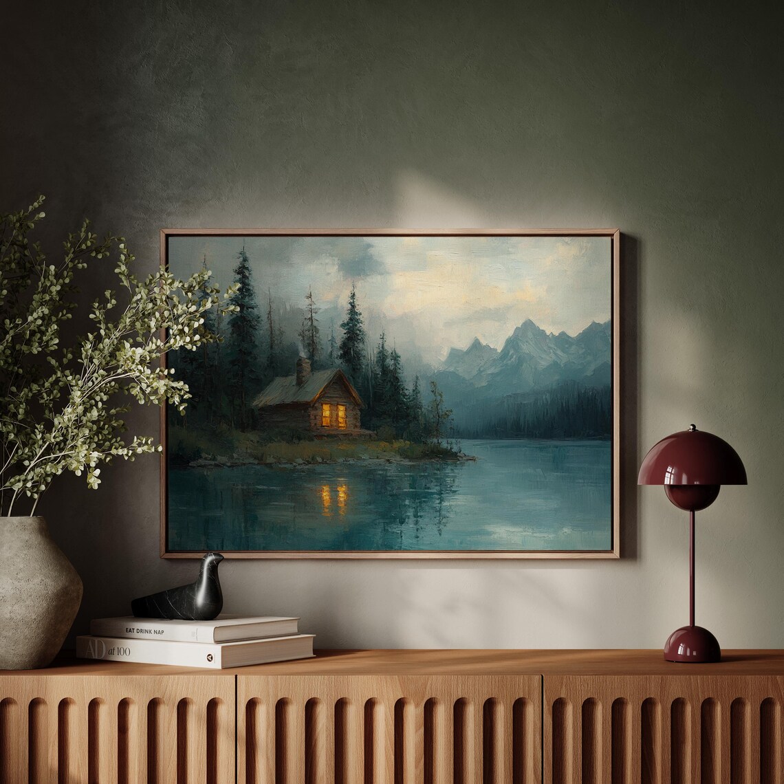 Cozy Lakeside Cabin Dusk Glowing Windows Tranquil Lake Poster - Image 4