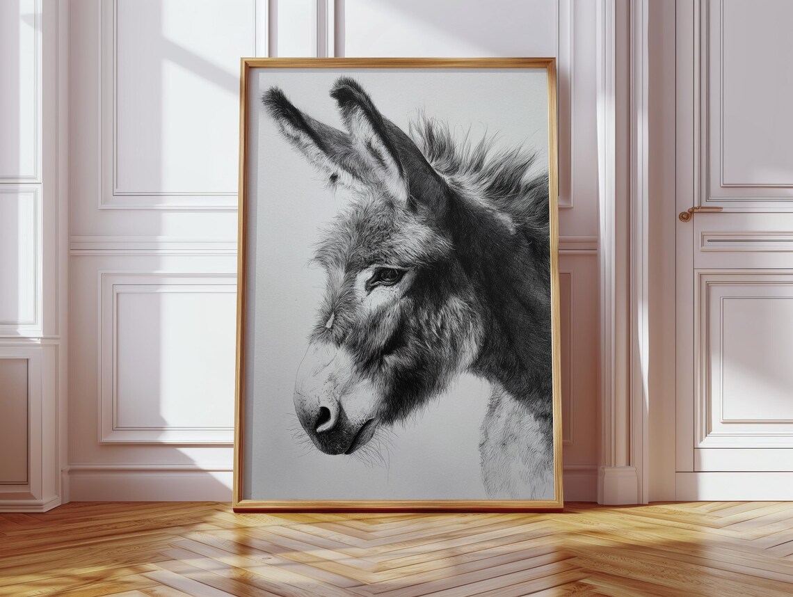 Donkey Portrait Black And White Pencil Sketch Rustic Animal Drawing Print