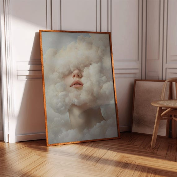Dreamy Cloud Face Canvas Art Surreal Minimalist Womans Lips In Soft Mist Ethereal Sky Wall Decor For Bedroom Or Studio