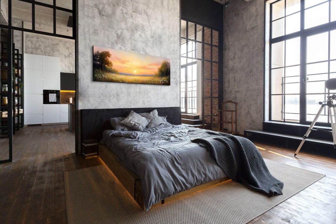 Wildflower Meadow at Golden Sunset Oil Painting Panoramic Poster - Image 5