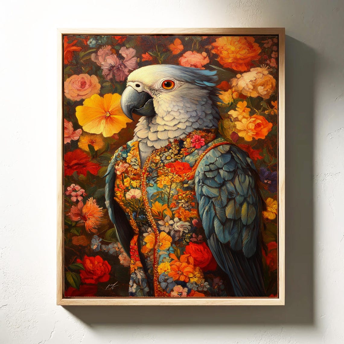 African Grey Parrot in Floral Brocade Jacket Portrait Poster - Image 6