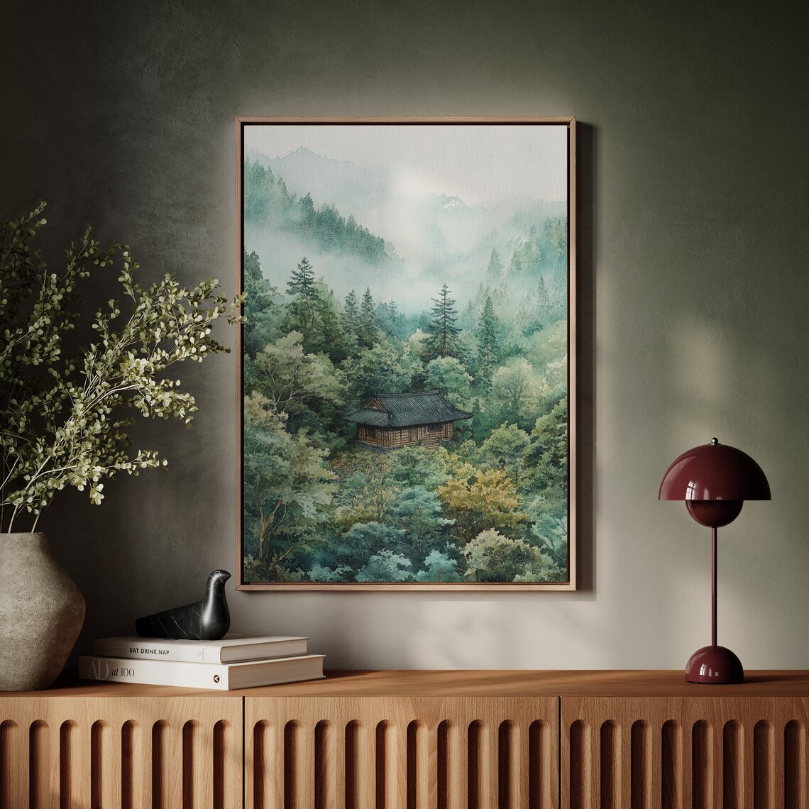Misty Forest Cabin Watercolor Nestled In Green Mountains Wall Art