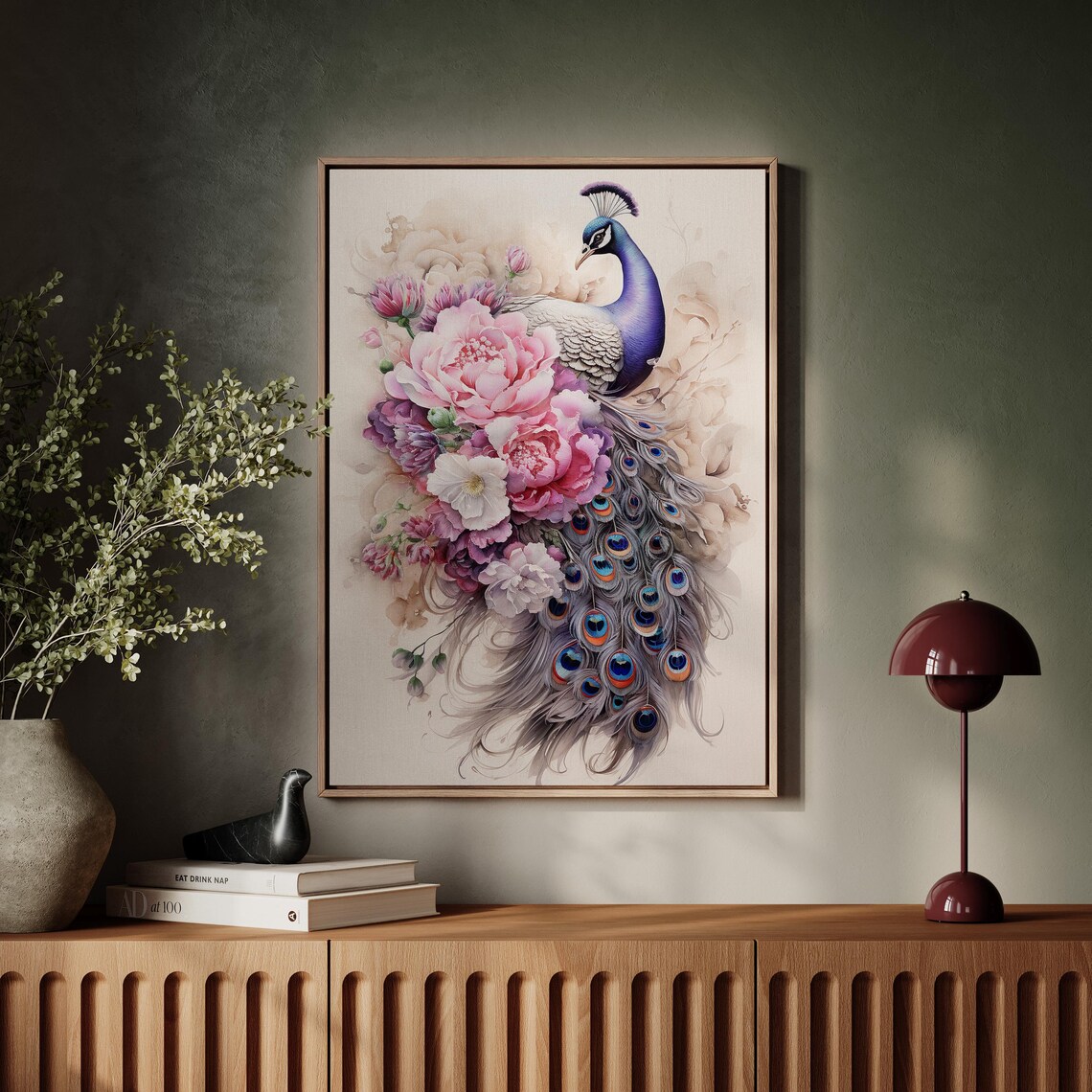Vintage Peacock Floral Art Print, Bird Decor