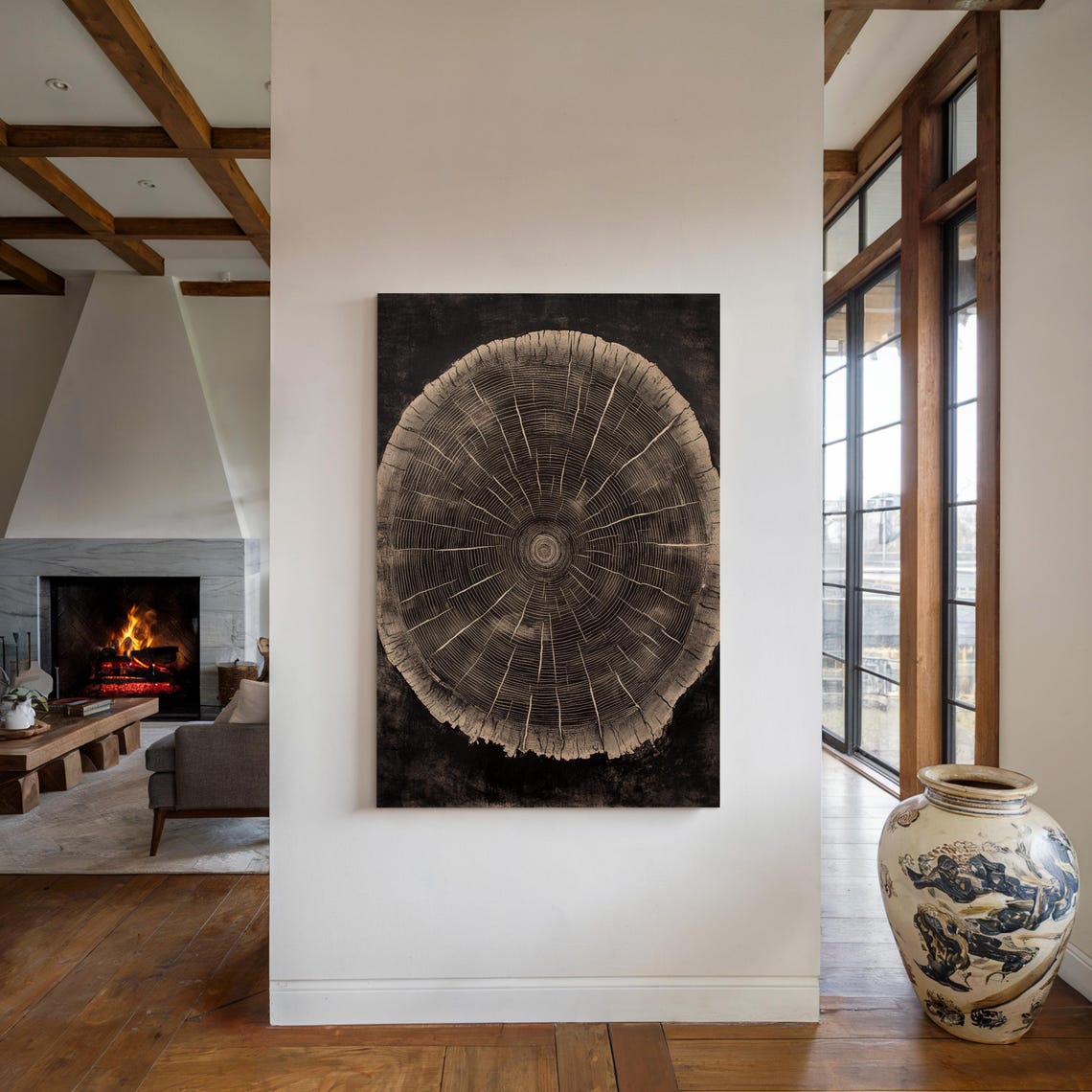 Beige Tree Ring Radiating Fine Lines On Black Botanical Poster - Image 4